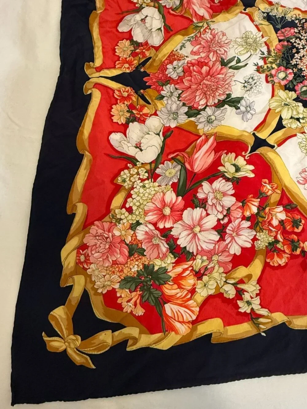 VINTAGE ERRE RED GOLD RIBBON MOTIF FLORAL HAND ROLLED SQUARE SILK SCARF ITALY